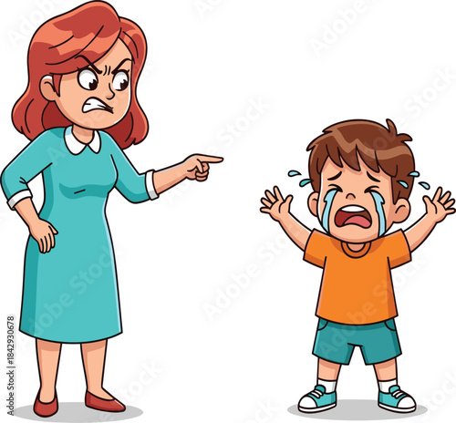 Cartoon, mother, angry, scolding, boy, crying, child, upset, discipline, parenting, behavior, illustration, reprimand, sad, unhappy, emotional, conflict, family, stress, reaction