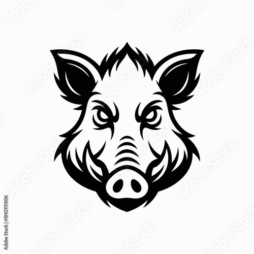 Stylized black and white vector illustration of a wild boar head with sharp tusks and spiky mane, isolated on a plain background for bold graphic design projects.
