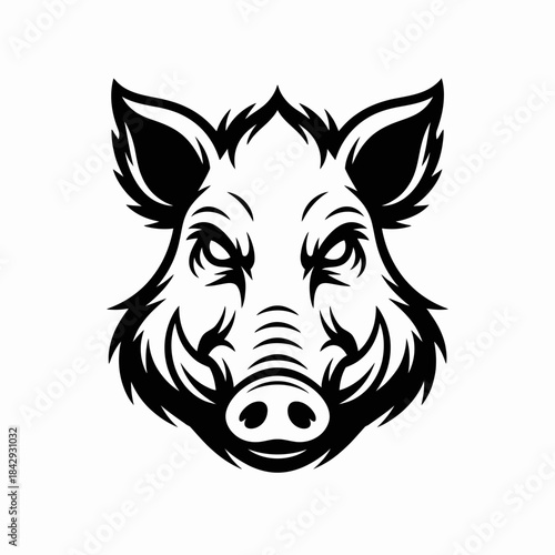 Stylized black and white vector illustration of a wild boar head with sharp tusks and spiky mane, isolated on a plain background for bold graphic design projects.