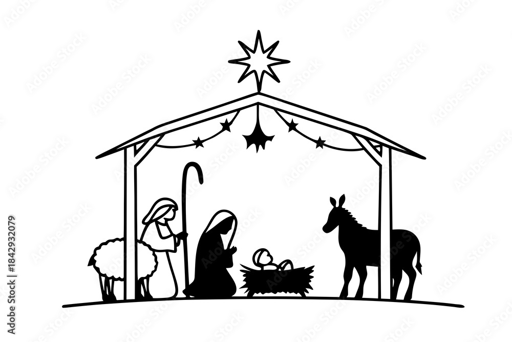 Fototapeta premium Christmas Nativity Scene Silhouette with Holy Family.