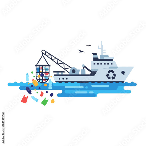 Ocean cleanup ship collecting plastic waste for recycling, marine pollution reduction and environmental protection vector illustration
