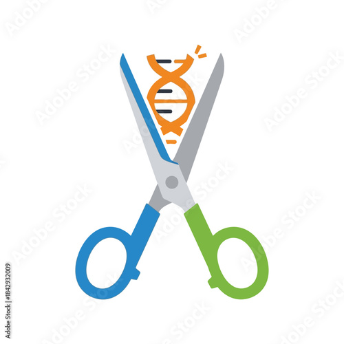 CRISPR Cas9 gene editing concept with scissors cutting DNA strand, genetic engineering and biotechnology vector illustration
