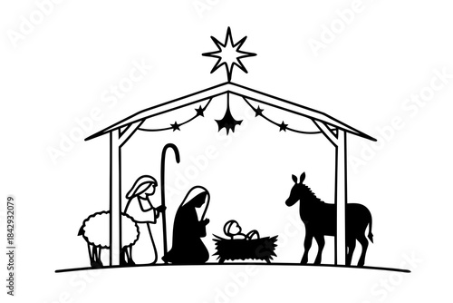 Christmas Nativity Scene Silhouette with Holy Family.