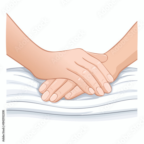 Two interlocking, slightly wrinkled human hands are resting gently together on a smooth, neutral blanket.