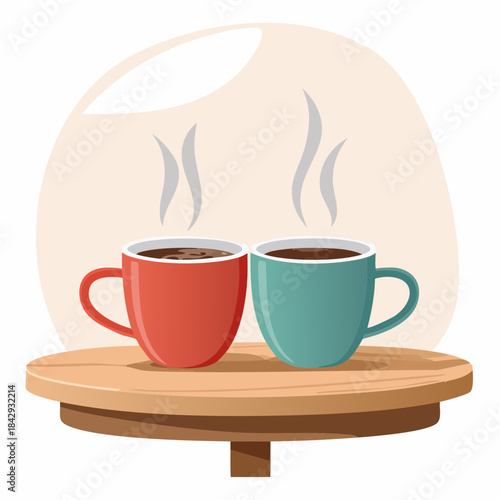 Two steaming, slightly used coffee mugs are placed together on a small table, indicating a recent conversation.