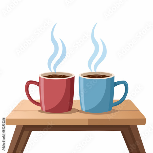 Two steaming, slightly used coffee mugs are placed together on a small table, indicating a recent conversation.