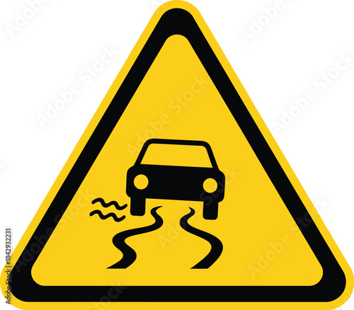 Warning sign depicting a car skidding on a slippery or icy road