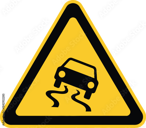 Warning sign depicting a car skidding on a slippery or winding road