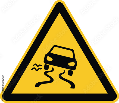 Warning sign depicting a car sliding on a slippery or icy road surface