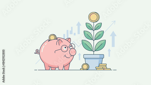 Piggy bank with glasses watching money plant grow. Smart financial investment and savings concept. Business wealth strategy. Economic profit and revenue. Banking vector illustration.