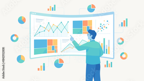 Business data analytics dashboard. Man analyzing financial statistics on large screen. Visual data representation. Charts graphs. Person monitoring growth. Technology interface.