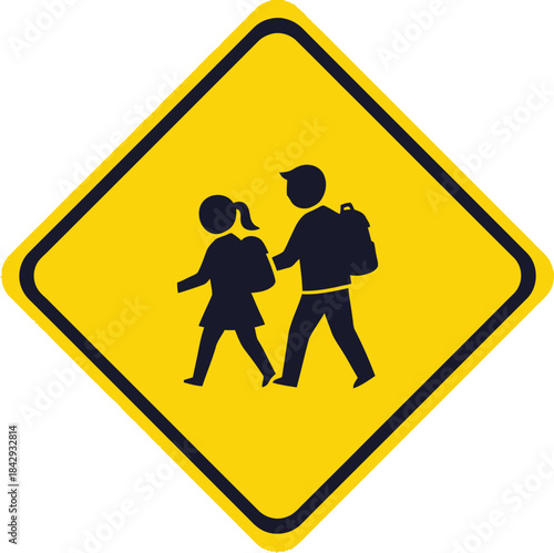 Yellow school crossing sign depicting children and an adult walking