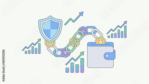 Blockchain cryptocurrency concept. Secure digital wallet connected to shield. Financial investment growth graphs. Crypto money technology. Business banking economy. Data safety system.