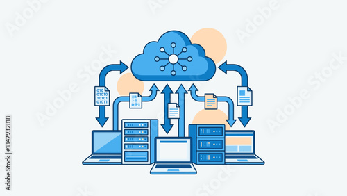 Cloud computing and data storage network. Laptops and servers connected to cloud icon. Transfer arrows. Upload download files. Web hosting. Database backup. Internet synchronization.
