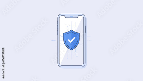 Mobile security concept. Smartphone with blue shield icon and checkmark. Antivirus protection technology. Cyber safety guard. Data privacy. Phone defense. Digital verification.