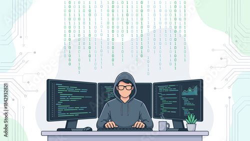 Programmer in hoodie typing on multiple monitors. Hacker binary background. Cybersecurity software development. Computer tech workspace. Digital matrix circuit. Web developer vector.