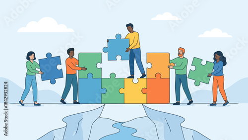 Teamwork metaphor with diverse people connecting puzzle pieces to build a bridge. Concept for business collaboration, problem-solving, connection, partnership, and strategy.