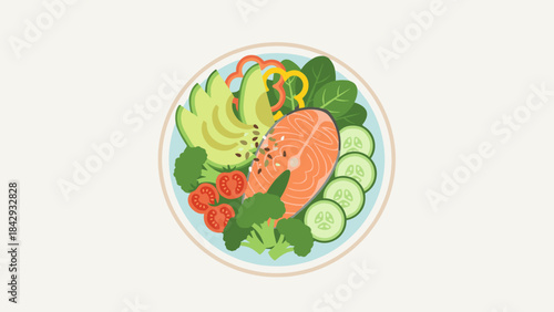 Healthy food bowl top view. Salmon, avocado, salad greens. Nutritious lunch meal. Diet menu concept. Fresh organic ingredients. Flat vector illustration isolated. Keto clean eating