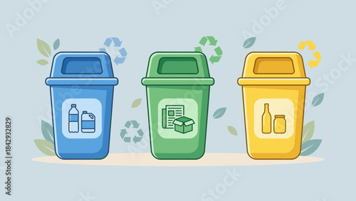 Recycling bins set. Waste management concept. Three colored trash cans for sorting garbage. Separation of plastic, paper, glass. Eco friendly ecology symbol. Vector illustration.