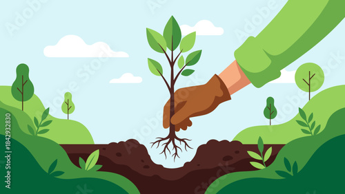 Hand planting young tree sapling. Reforestation environmental care. Nature sustainability growth ecology. Green earth day gardening. Agriculture farm. Flat vector illustration graphic
