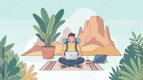 Digital nomad working on laptop with solar panel. Freelancer travel lifestyle. Backpacker in desert nature. Remote workspace concept. Sustainable energy. Eco adventure business.
