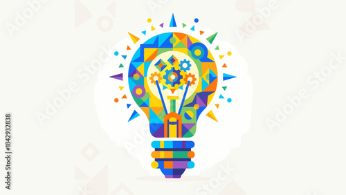 Creative idea lightbulb concept. Colorful geometric shapes innovation symbol. Abstract lamp. Brainstorming gears solution. Inspiration intellect. Smart thinking strategy vector art