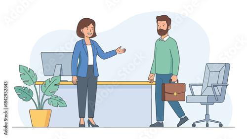 Human resources and employee onboarding concept. HR manager welcoming new employee with briefcase. Recruitment process. Hiring talent. First day at work. Business people in office.