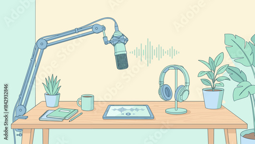 Podcast recording studio setup with microphone and headphones. Digital media creation concept. Audio broadcasting equipment. Sound waves technology. Home workspace. Streaming radio.
