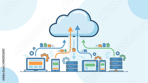 Cloud computing data storage concept. Network connectivity servers devices. File transfer synchronization upload download. Digital database infrastructure hosting technology system.