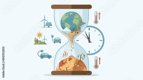 Climate change concept hourglass. Earth melting into drought. Global warming deadline. Time running out. Renewable energy vs pollution. Save planet. Eco crisis countdown vector.