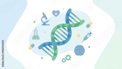 Stylized DNA helix. Medical science icons. Genetics biotechnology concept. Healthcare research biology. Molecule genome. Lab equipment microscope flask syringe. Flat vector art.