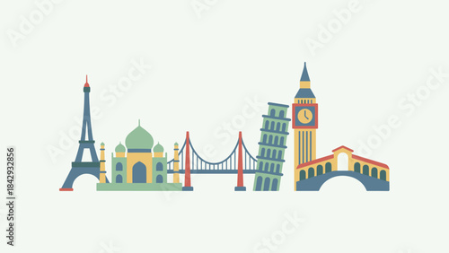 Minimal world landmarks skyline vector set. Famous travel icons flat style. Eiffel Tower, Taj Mahal, Big Ben, Pisa. Tourism architecture. Cityscape illustration. Vacation destination.