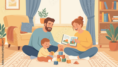 Happy family playing together at home. Parents bonding with child on floor. Father building blocks. Mother reading book. Parenting. Cozy living room. Childhood education love care.