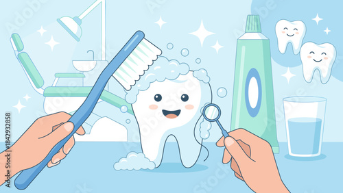 Dental care concept. Cute cartoon tooth character being brushed. Oral hygiene health. Hands with toothbrush cleaning teeth. Funny mascot. Dentistry medical vector illustration.