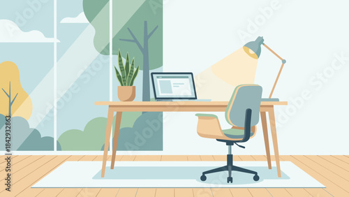 Minimal home office workspace interior. Tidy wooden desk with laptop, lamp and chair. Productive remote work concept. Telecommuting environment. Flat vector illustration. Modern study room.