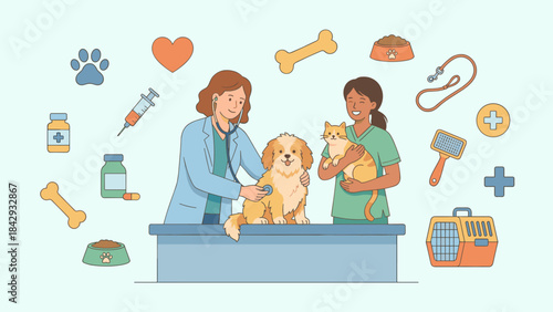 Veterinary service concept. Female veterinarian examining dog with stethoscope. Nurse holding cat. Pet healthcare. Animal hospital checkup. Medical treatment icons. Vector illustration.