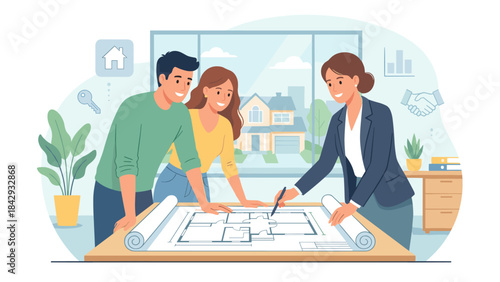 Real estate agent showing blueprint to couple. Buying new home. Realtor meeting. Husband and wife planning construction. Architectural project. Property investment. Mortgage business.