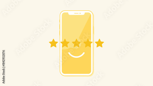 Five star rating on smartphone. Happy smile. Customer satisfaction feedback concept. Excellent service review. Mobile app quality. Yellow flat vector. Positive user experience.
