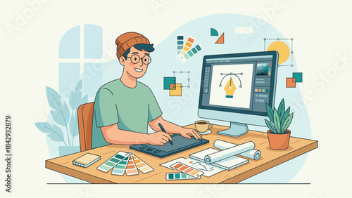 Graphic designer man working at desk with pen tablet. Creative digital artist illustrator character in home office. Freelance job concept. Vector design process. Color swatches.