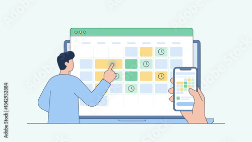 Online appointment booking. Digital calendar laptop. Man selecting date. Smartphone app schedule. Time management. Business planning. Reservation. Agenda organizer. Vector illustration.