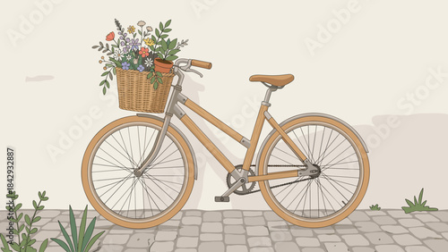Minimalist wooden bicycle with wicker basket of flowers. Eco friendly transport. Vintage bike parked on cobblestone. Sustainable lifestyle. Spring floral decoration. Urban ride.