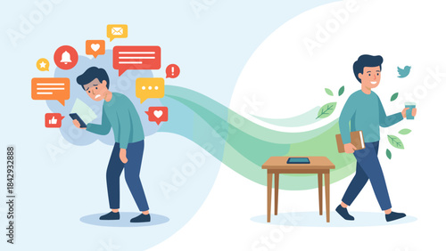 Digital detox. Smartphone addiction vs healthy lifestyle. Stressed man with notifications changes to happy person reading book. Mental health balance. Social media overload. Unplug.