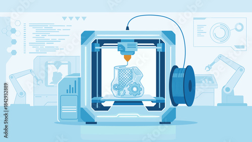 3D printer creating prototype. Advanced additive manufacturing concept. Rapid prototyping technology. Industrial engineering innovation. Future factory production. Digital design lab.