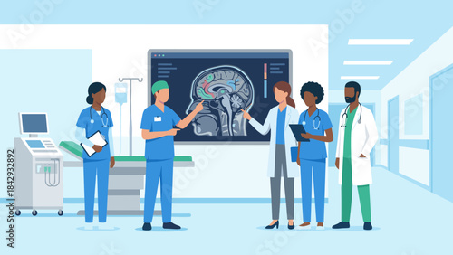 Medical team discussing brain MRI scan. Doctors analyzing diagnosis on screen. Healthcare professionals consultation. Neurology staff meeting. Hospital clinic room. Flat vector