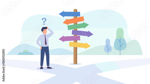 Confused businessman at crossroads. Decision making concept. Career path choice dilemma. Strategy future direction. Lost person choosing right way. Uncertainty business problem.