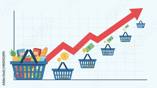 Inflation chart rising arrow. Shopping basket shrinking. Economic crisis. Cost of living increase. Purchasing power decline. High food prices. Shrinkflation concept. Financial graph.