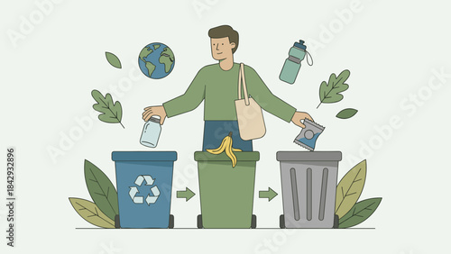 Person sorting trash into recycle compost and waste bins. Responsible consumption. Eco friendly lifestyle. Garbage separation. Environmental protection. Sustainability. Flat vector.