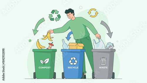 Man sorting trash into compost recycle waste bins. Garbage separation. Eco friendly. Zero waste management. Environmental protection. Responsible consumption. Recycling concept. Vector