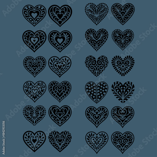 Laser cutting set of hearts. Valentines day decoration for your design. SET Various lace fretwork hearts for paper cutting, wood carving and Christmas decorations ICON