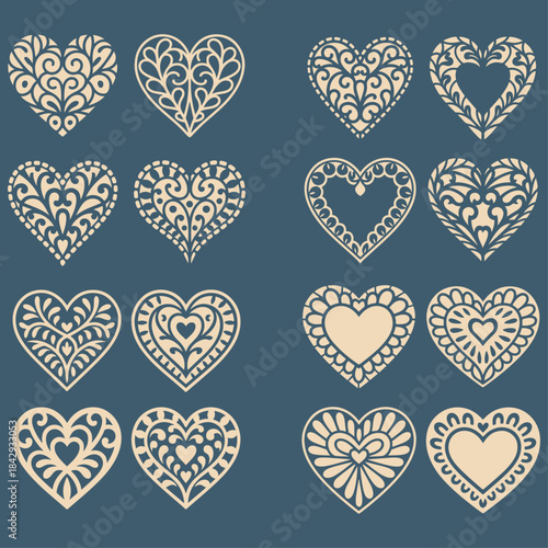 Laser cutting set of hearts. Valentines day decoration for your design. Various lace fretwork hearts for paper cutting, wood carving and Christmas decorations